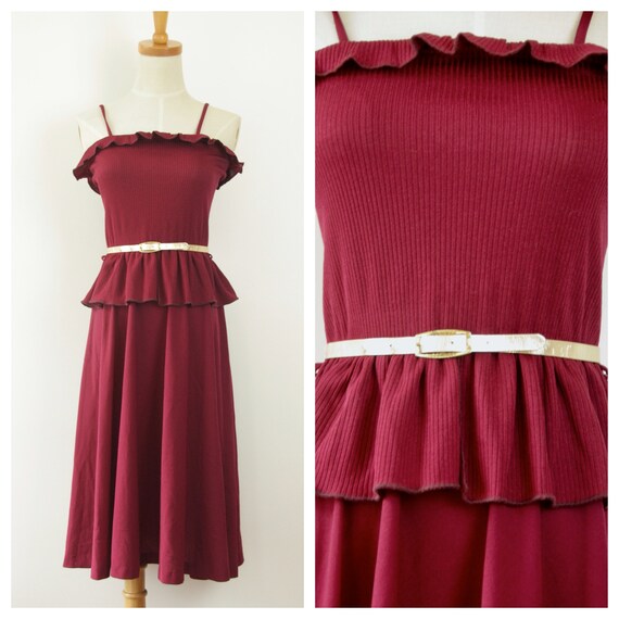 70s Burgundy summer dress. 1970s ruffle dress. Red