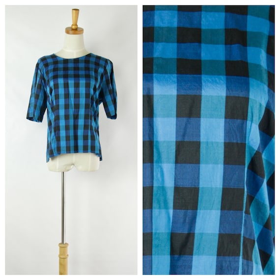Electric Blue and black check silk top. Womens pla