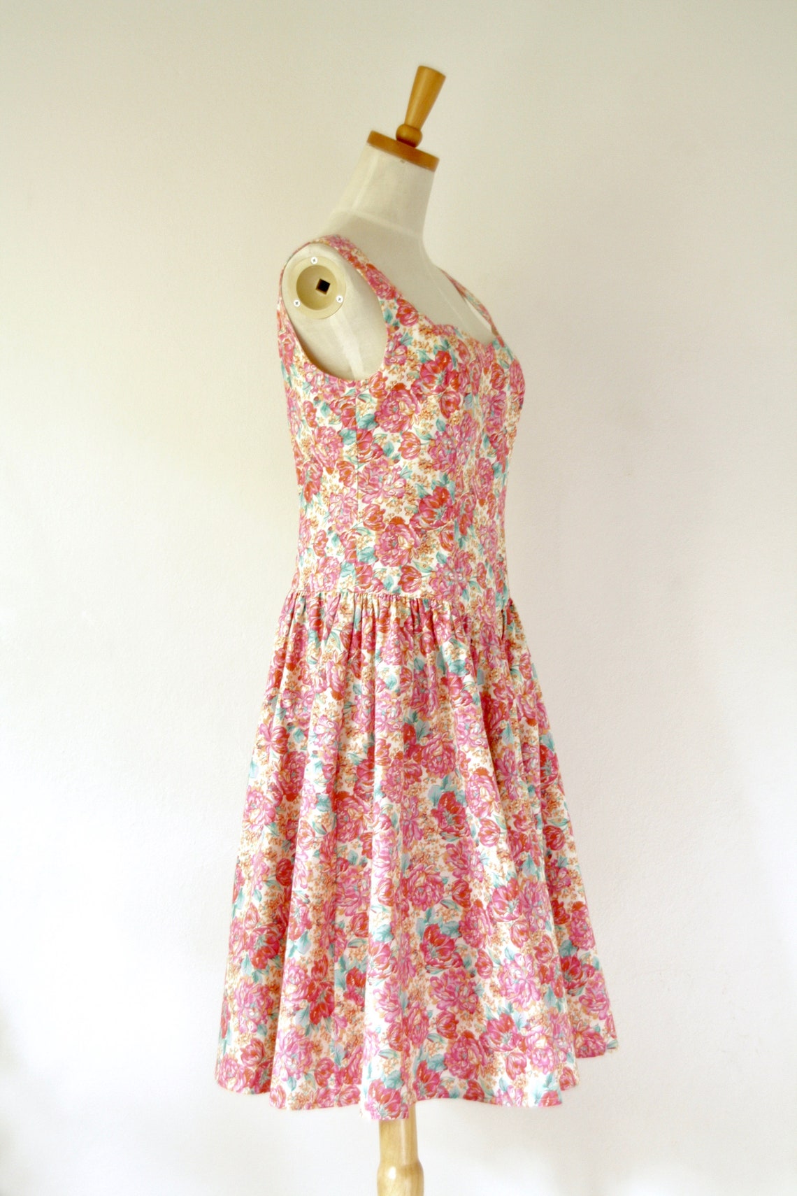 Vintage pink floral dress. Pink cotton floral day dress. Etsy