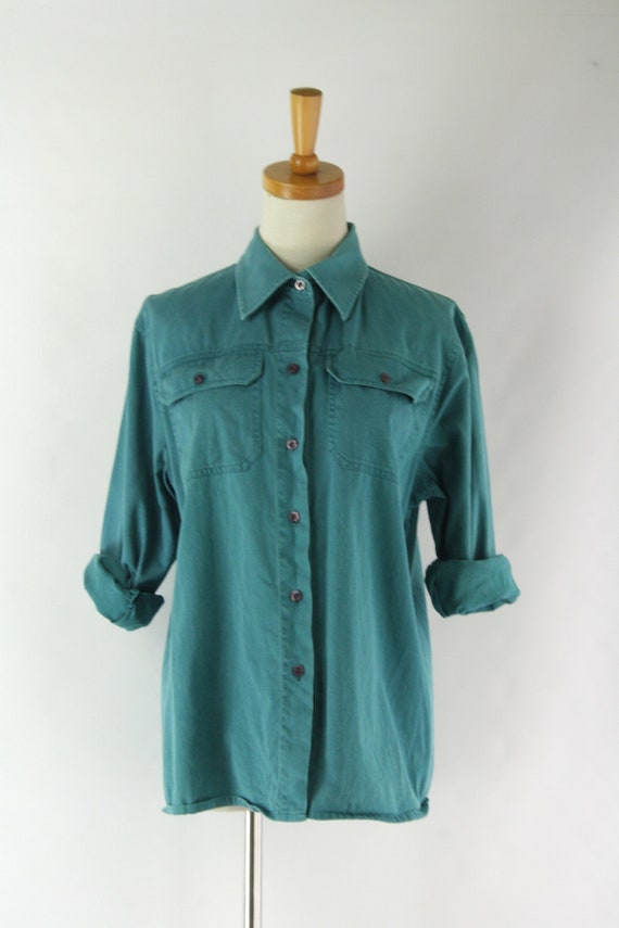 Mens teal blue work shirt. Vintage chore shirt. 90