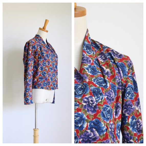 90s does 40s red floral top. Art Deco floral blous