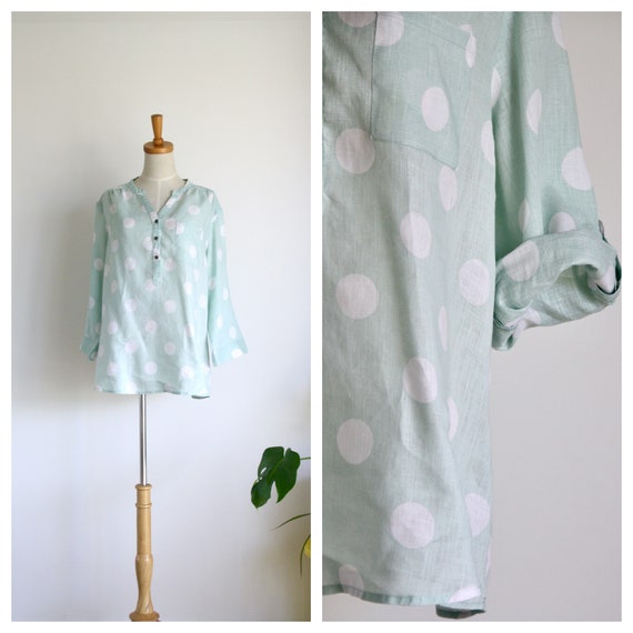 Pastel mint green linen top. Polka dot linen top.