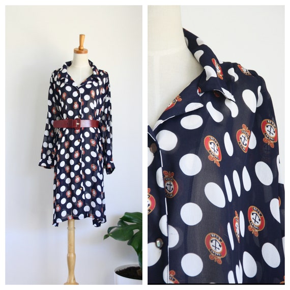 Sheer polka Dot nautical dress. Navy sheer dress.