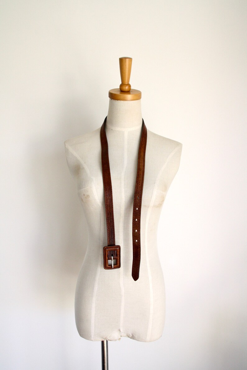 Caramel brown leather belt Vintage skinny brown leather belt 33w Square buckle belt Womens belt 37w