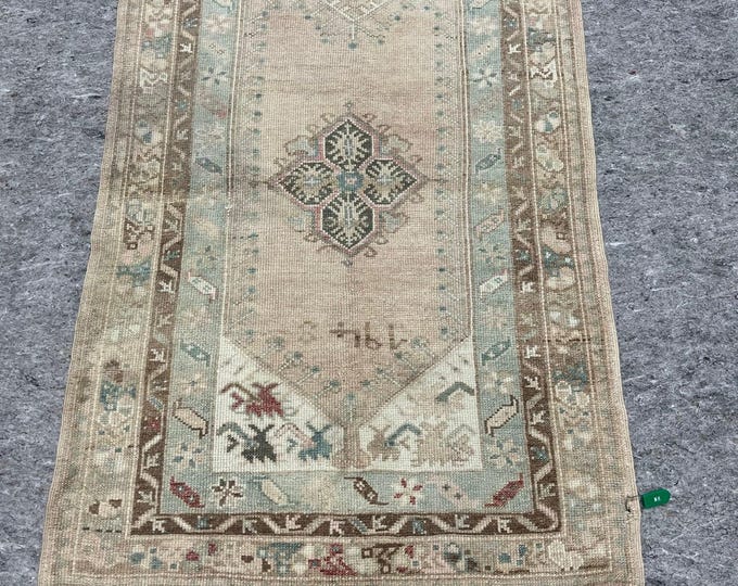 Muted Turkish Entryway Rug – Soft Pastel Tones, 2x4 ft – Elegant & Versatile, Green, Olivegreen, Brown, Bathroom, Kitchen, Small Rug