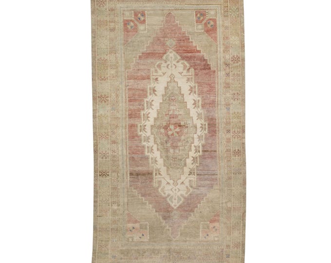Vintage 6x9 Turkish Oushak Rug – Pink & Gray Handmade Area Carpet – Ideal for Hall, Kids Room, Living Space
