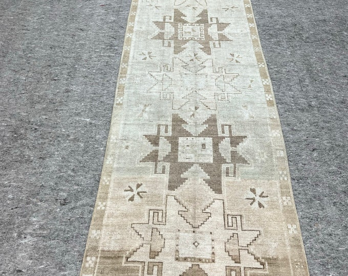Long Turkish Runner Rug – Earthy Colors, 3x12 ft – Ideal for Hallways & Kitchens, Entryway, Beige, Brown, Dust Color