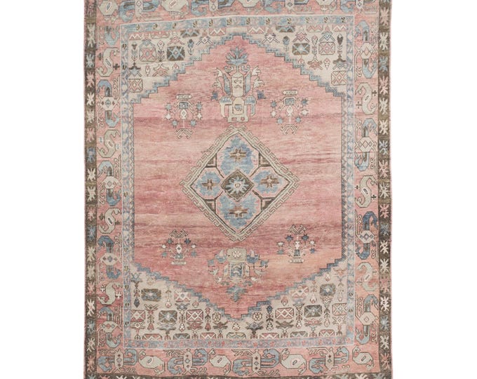 Turkish Handmade Rug – Vintage Oushak Carpet 6x9 – Pink & Blue Tones, Ideal for Entryway, Nursery, Living Room
