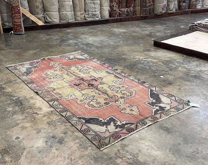 5x8 Antique-Style Turkish Rug - Pastel Pink and Beige, Rustic Boho Decor, Handmade Wool Area Rug