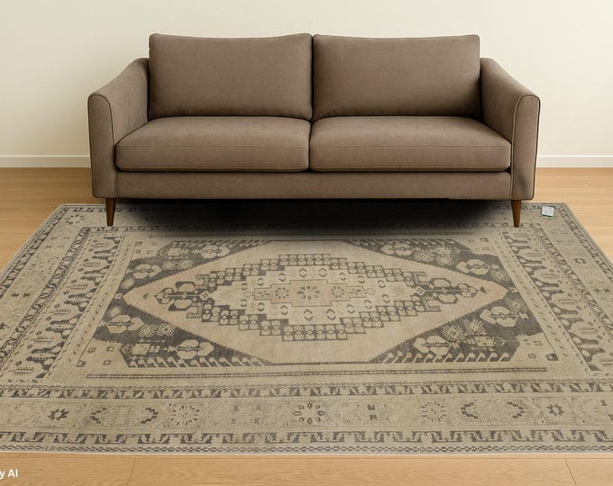 Vintage Oushak Rug 6x9 – Handmade Turkish Carpet in Soft Brown & Natural– Entryway, Hallway, Gameroom Decor