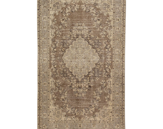 Large Vintage Turkish Rug – 6x9 Distressed Oushak in Beige and Brown– Elegant Handmade Carpet for Any Room