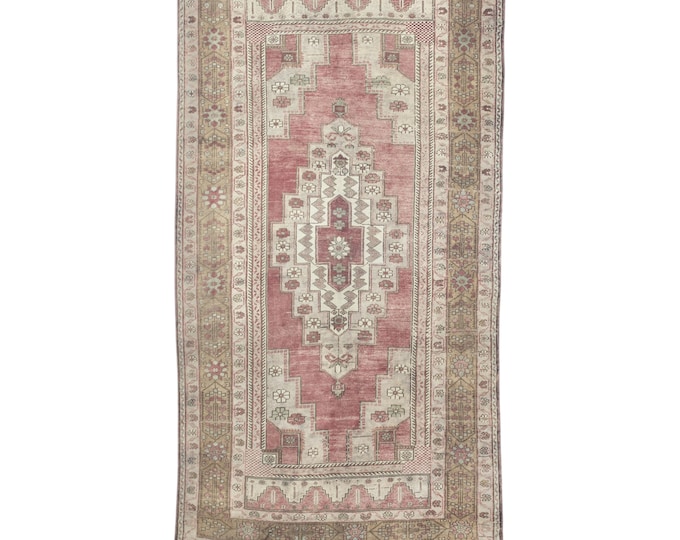 Handmade Turkish Oushak Rug – Vintage 6x9 Pink & Grey Area Carpet – Soft Distressed Style for Bedroom, Hallway, Nursery
