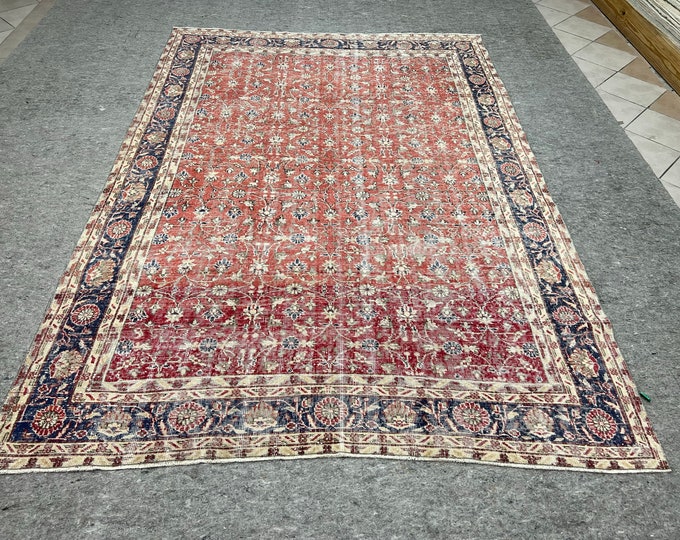 7x10distressed,feet rug, handmade village turkish rug, red,pink, white ,orange rug, brown colors, oriental, kids room, natural