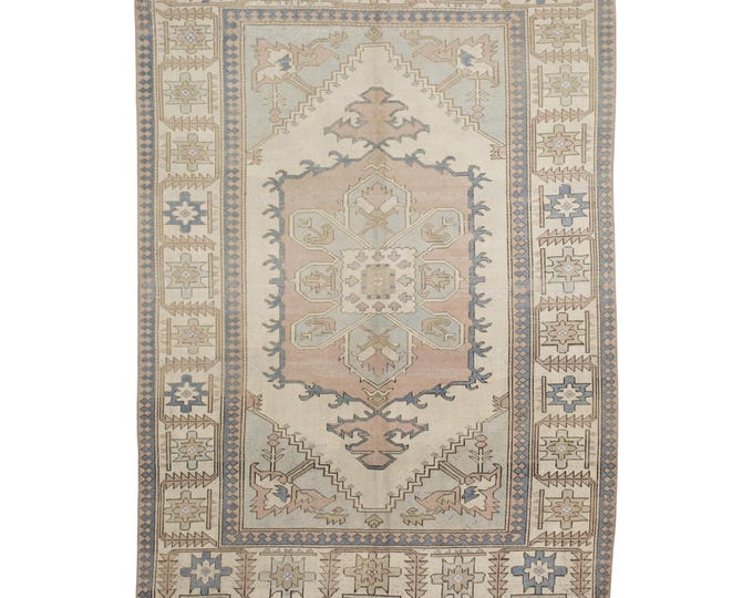 Vintage 6x9 Turkish Oushak Rug – Pink and Beige, Handmade Area Carpet – Ideal for Hall, Kids Room, Living Space