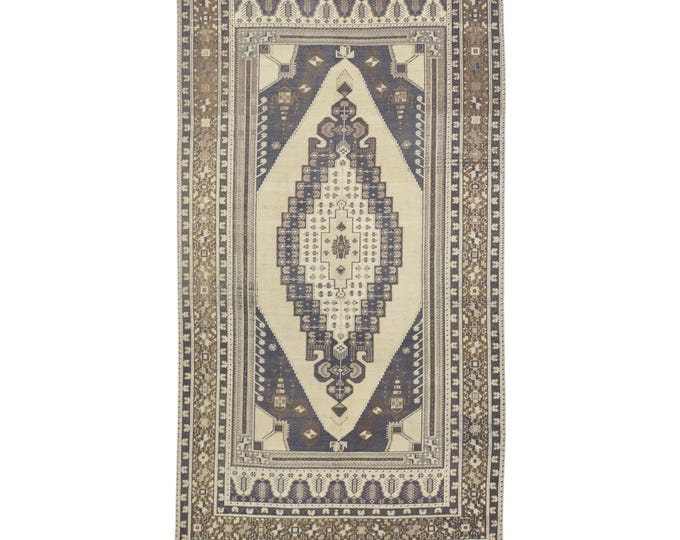 Vintage Oushak Rug 6x9 – Handmade Turkish Carpet in Soft Brown & Natural– Entryway, Hallway, Gameroom Decor, Navy, Pink, Colorfull