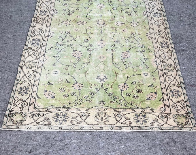 6x9distressed,feet rug, handmade village turkish rug, green, white ,orange rug, brown colors, oriental, kids room, natural