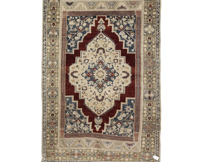 Handmade Turkish Oushak Rug – Vintage 6x9 Red & Navy Area Carpet – Soft Distressed Style for Bedroom, Hallway, Nursery