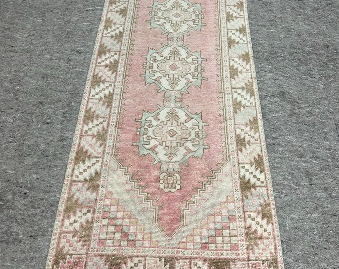 3x9 runner, turkish pink colors handmade rug, wash  rugs, oushak faded rugs, oriental area rugs, Accent kitchen rugs, anatolian small rug,