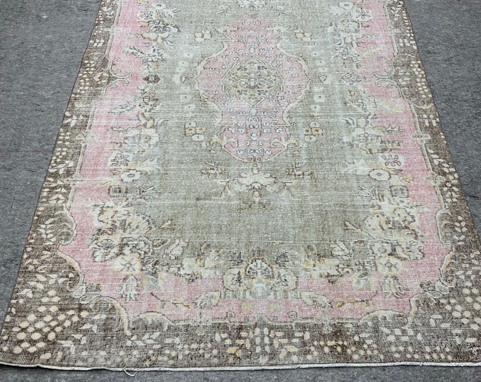 7x11distressed,feet rug, handmade village turkish rug, pink,green rug, brown colors, oriental, kids room, natural
