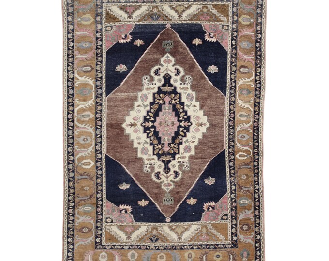 Vintage Oushak Rug 6x9 – Handmade Turkish Carpet in Soft Brown & Natural– Entryway, Hallway, Gameroom Decor, Navy, Pink, Colorfull