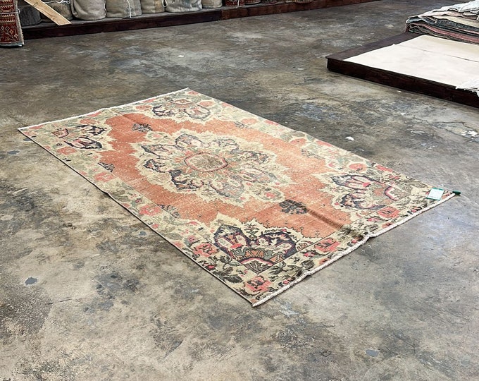 Vintage Turkish Rug – Distressed Oushak Rug, Orange, Gray, 5x7 – Soft & Elegant, Entryway, Hall, Kids Room, Gameroom