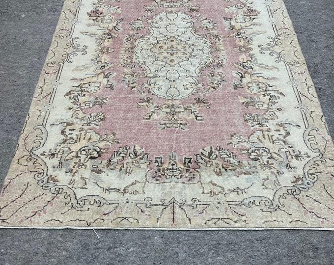 6x9distressed,feet rug, handmade village turkish rug, pink, white ,orange rug, brown colors, oriental, kids room, natural