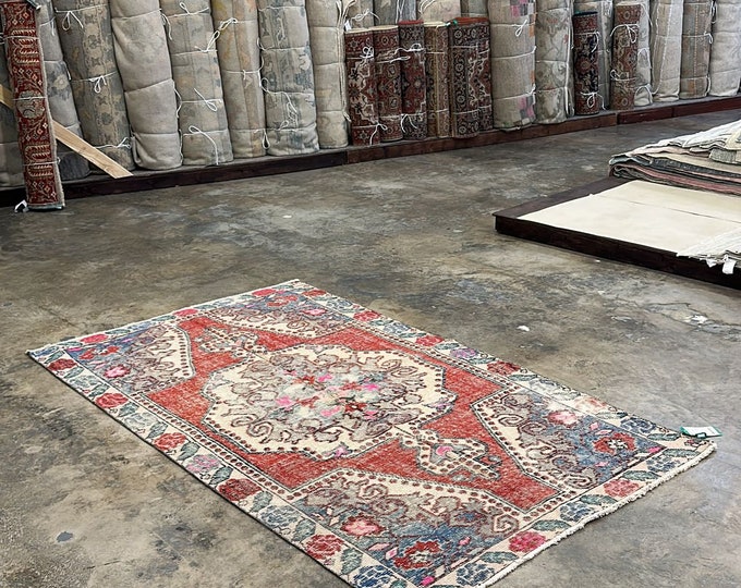 Turkish rug, 5x7 ft,  handmade rug, oushak rug, kidsroom rug, washale faded kitchen rug, middle east floor rug, muted area rug, saloon rug