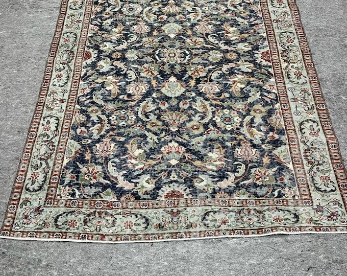 5x7 feet turkish rainbow rug, handmade rug, anatolia rug, distressed, navy blue and brown tone, harmony design