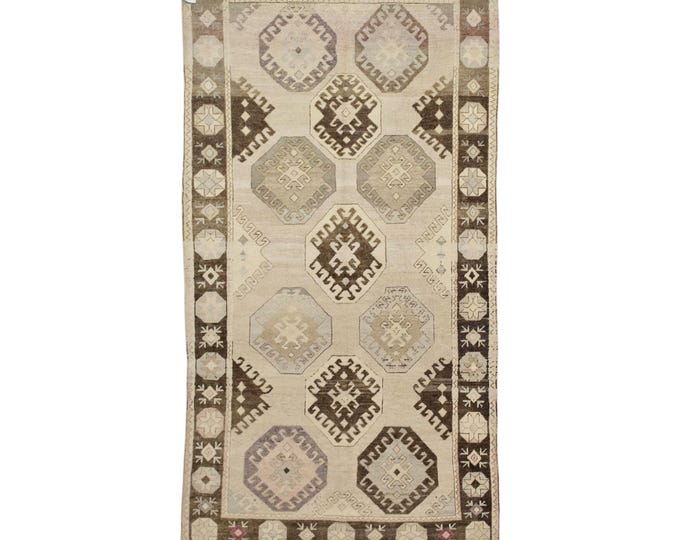 Large Vintage Turkish Rug – 6x9 Distressed Oushak in Blue and Beige – Elegant Handmade Carpet for Any Room