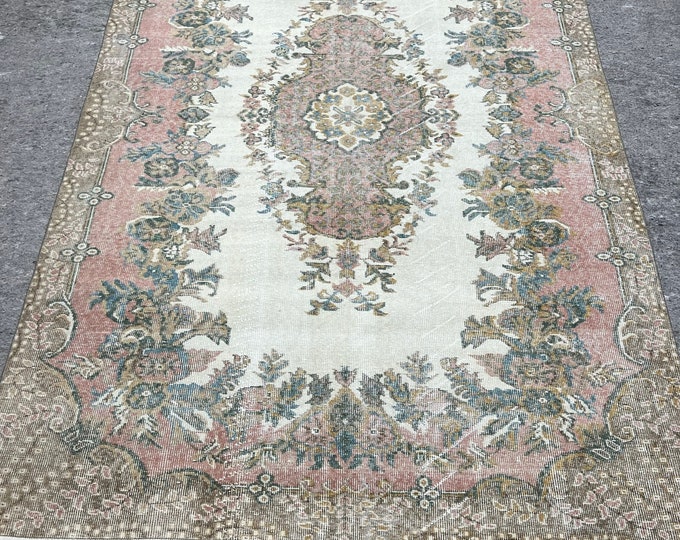 6x9distressed,feet rug, handmade village turkish rug, pink, white ,orange rug, brown colors, oriental, kids room, natural