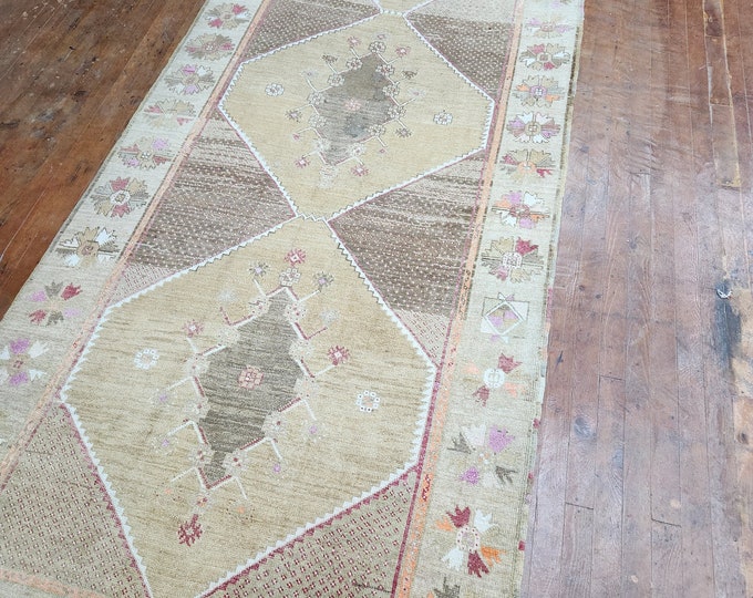 4.8x11.10 feet runner rug.turkish Kars Village rugs. pastel color faded washale handmade runner rug.