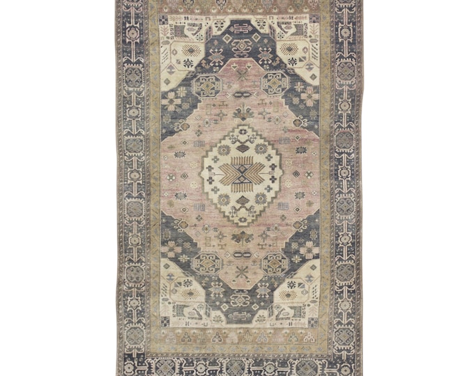 Vintage Oushak Rug 6x9 – Handmade Turkish Carpet in Soft Brown & Natural– Entryway, Hallway, Gameroom Decor, Navy, Pink, Colorfull