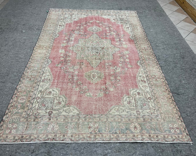 6x9distressed,feet rug, handmade village turkish rug,pink, orange rug, brown colors, oriental, kids room, natural