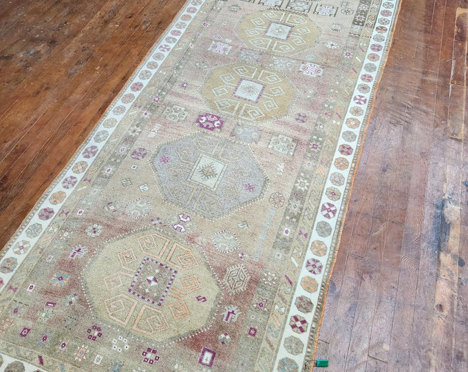 3.11x12.0 feet turkish kars village handmade faded washale runner rug.hand woven runner rug. pastel color runner rjug.