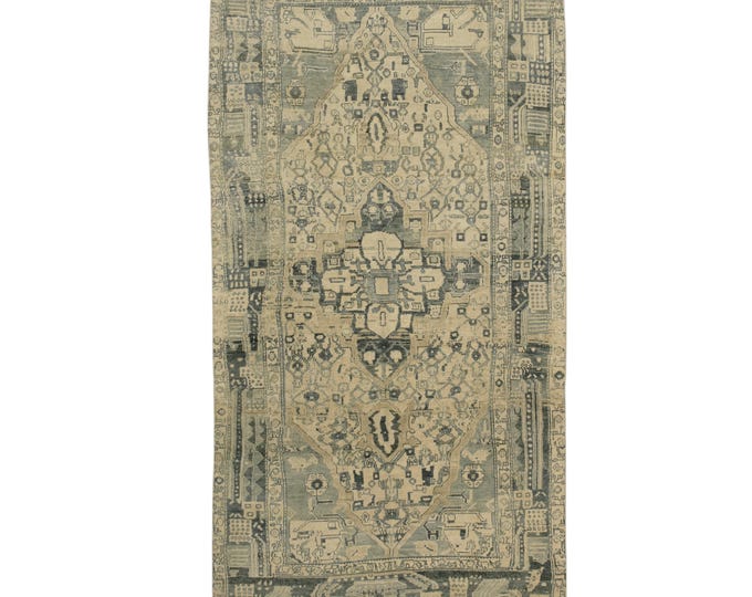 Large Vintage Rug – 6x9 Distressed Oushak in Blue and Beige – Elegant Handmade Carpet for Any Room