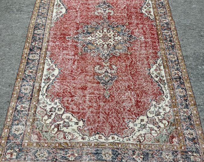 6x9distressed,feet rug, handmade village turkish rug, red, white ,orange rug, brown colors, oriental, kids room, natural
