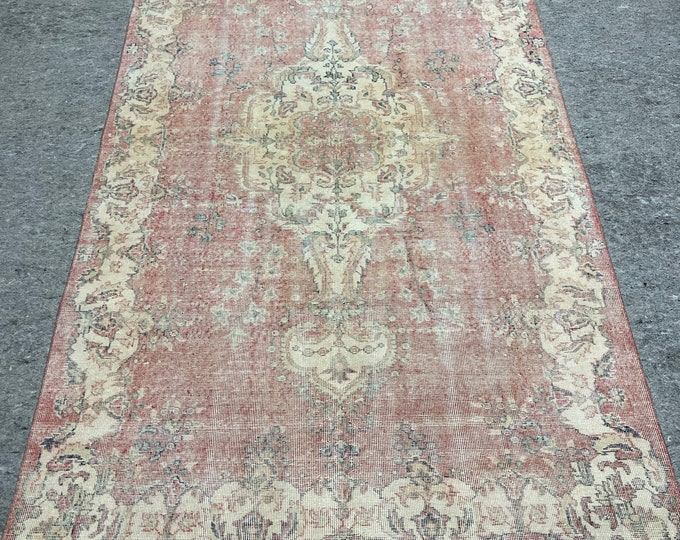 Vintage Turkish Rug – Distressed Oushak Rug, Pink, Green, Brown, 5x8 ft – Soft & Elegant,  Kids, Office, Game, Small Room