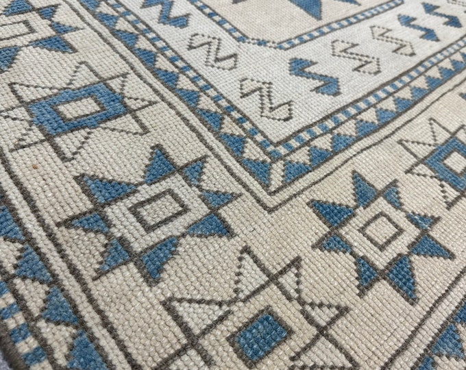 Authentic Turkish Rug 5x7 - Soft Pastel & Neutral Tones, Antique-Style Wool Rug for Bathroom, Kitchen, Entryway, Blue, Gray
