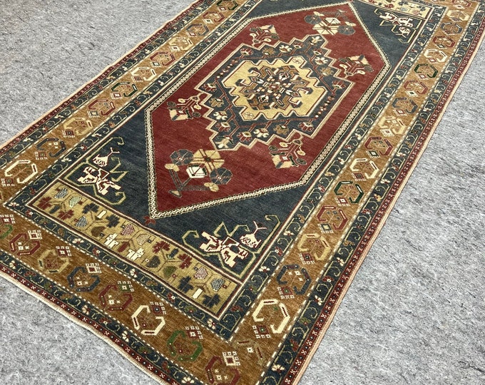 Turkish Bohemian Rug – Unique Kilim Patterns, 5x8 ft – Rustic & Chic, Gold, Blue, Navy, Brown, Unique
