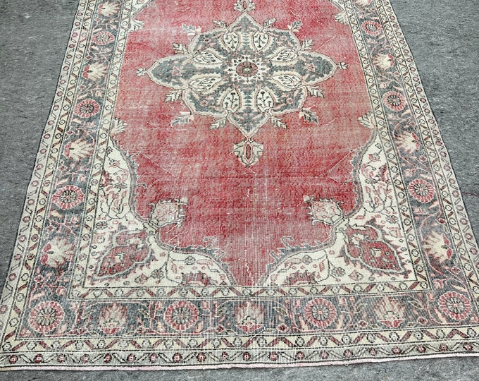 6x10distressed,feet rug, handmade village turkish rug, orange rug, red ,pink, colors, oriental, kids room, natural