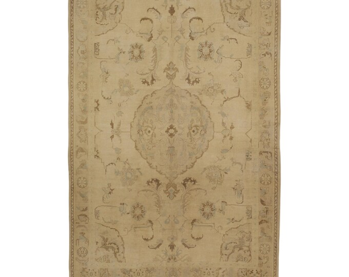 Vintage 6x9 Turkish Oushak Rug – Pink and Beige, Handmade Area Carpet – Ideal for Hall, Kids Room, Living Space