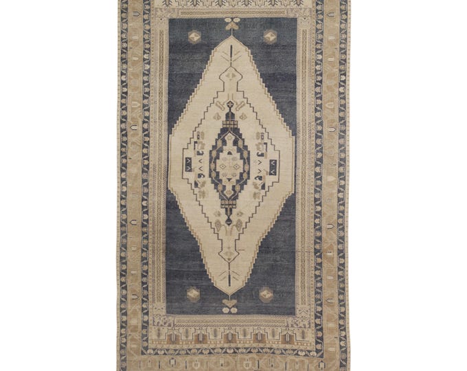 Large Vintage Turkish Rug – 6x9 Distressed Oushak in Blue and Beige – Elegant Handmade Carpet for Any Room