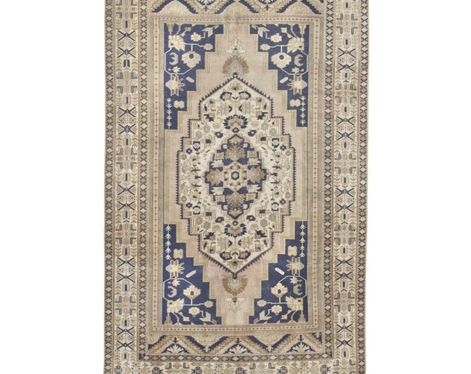 Vintage Oushak Rug 6x9 – Handmade Turkish Carpet in Soft Brown & Natural– Entryway, Hallway, Gameroom Decor, Navy, Pink, Colorfull
