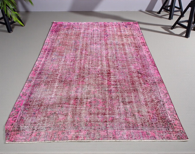6x9 Handmade Distressed Turkish Rug: Pink, Black & Brown Wool