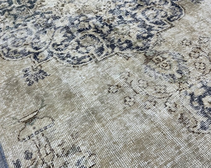 Vintage Navy & Tan Turkish Rug 5x7 - Soft and Faded Look, Boho Chic Wool Rug for Cozy Living Spaces, Flower Design, Entryway, Small Area