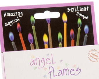 12 Multi Colored Flame Birthday Candles - Flames burn Red, Purple, Green, Blue and Orange - Plastic holder for each Candle - Birthday Party