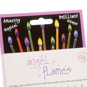 May include: A box of 12 colorful birthday candles with holders included. The candles are labeled "Angel Flames" and have a description that says "Birthday cake candles that burn with red, purple, green, blue and orange flames". The box also says "12 Amazing Colored Flame Party Candles".