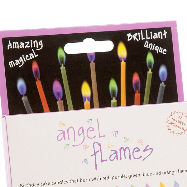 12 Multi Colored Flame Birthday Candles - Flames burn Red, Purple, Green, Blue and Orange - Plastic holder for each Candle - Birthday Party