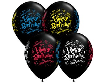 Five Black Happy Birthday Neon Print Balloons, Neon Balloons, Birthday Swirls, Onyx Birthday Balloons, Black Birthday Balloon, Confetti