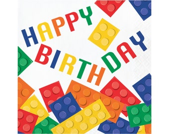 16 Large Happy Birthday Bricks Napkins, Block Party Napkins, Brick Napkins, Block Decorations, Birthday Bricks, Block Themed Party